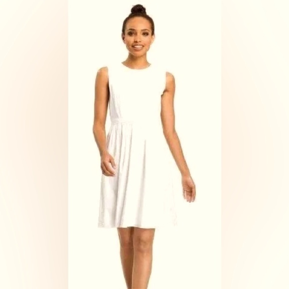 TAHARI Lucca White Lined Pintuck Sleeveless A-Line Dress